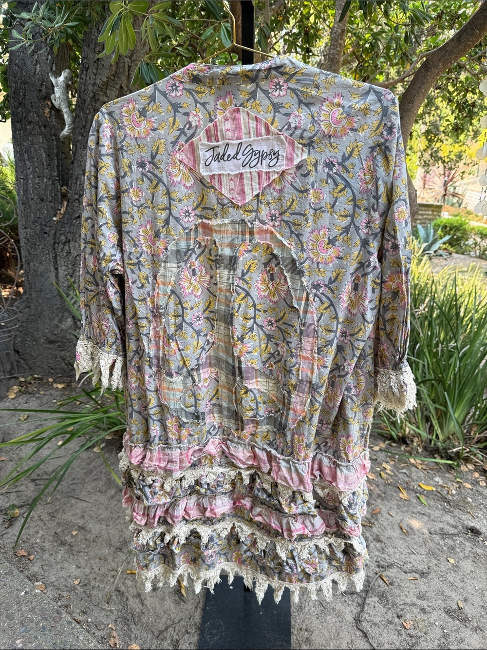 Gypsy Floral Crochet-Trim Patchwork Cardigan Jacket - Gray & Pink - Picture 2 of 4